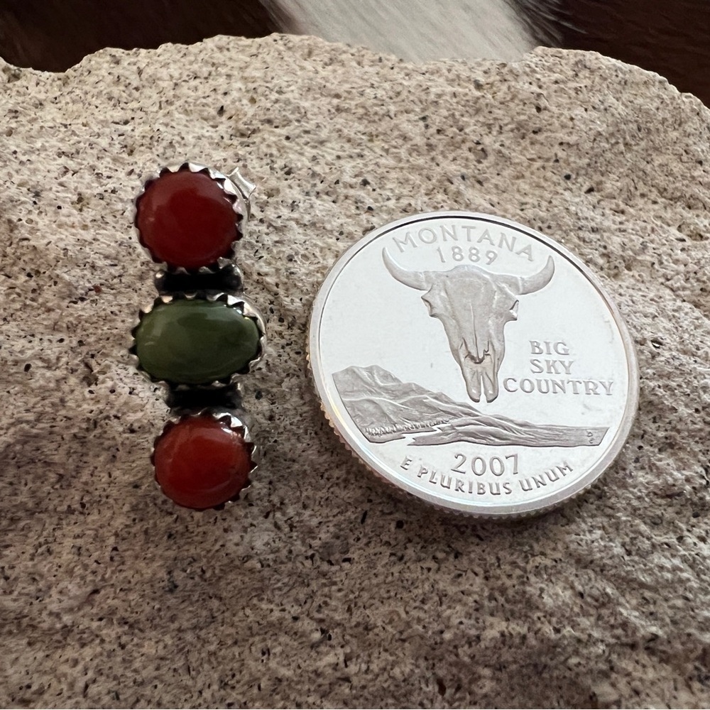 ❤️Italian Red Coral Emerald Valley Turquoise Navajo Style Post Back Earrings 925 - Picture 7 of 12